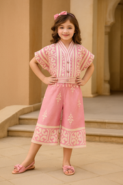 Girls Pink Printed V-Neck Co-Ord Set
