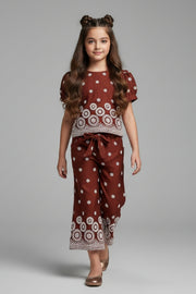 Girls Brown Rubber Printed Co-Ord Set