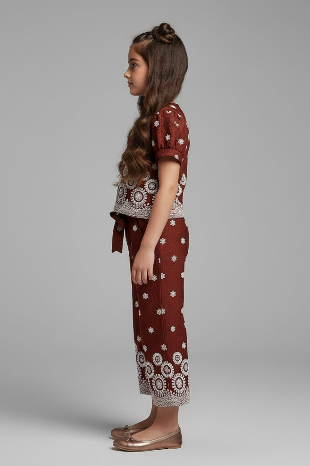 Girls Brown Rubber Printed Co-Ord Set