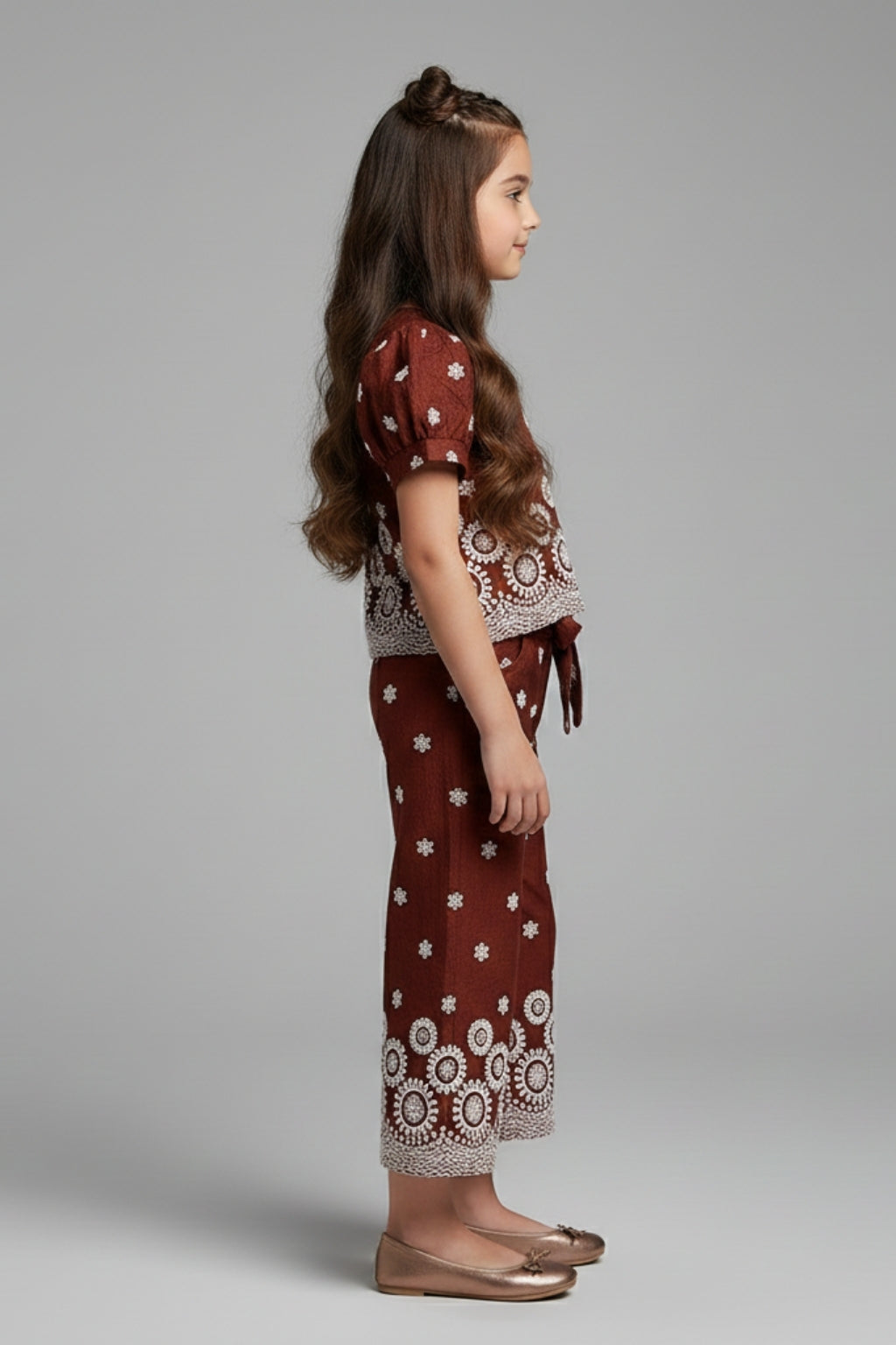 Girls Brown Rubber Printed Co-Ord Set