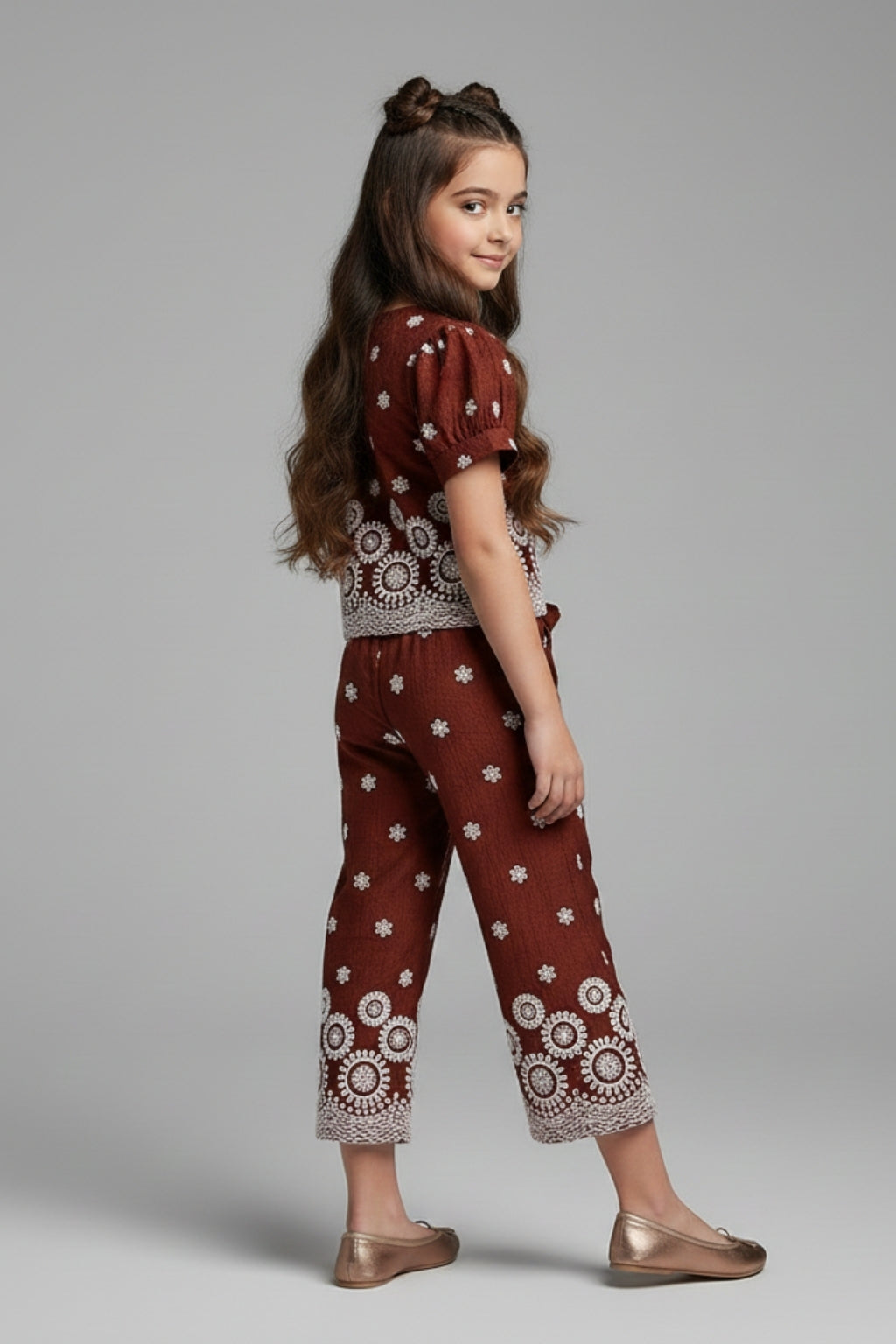 Girls Brown Rubber Printed Co-Ord Set