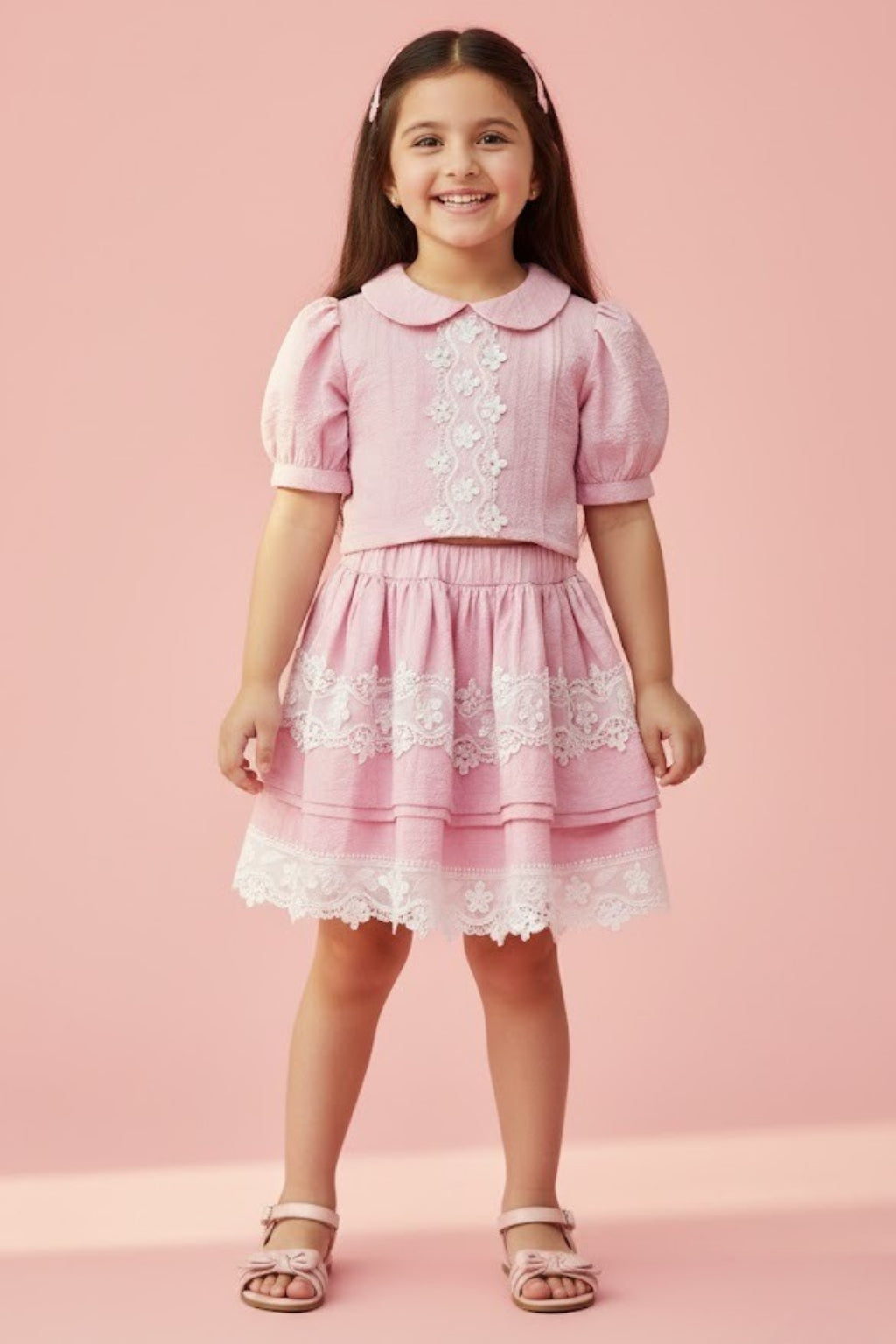 Girls Pink Collar Neck Skirt Set