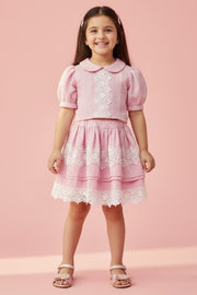 Girls Pink Collar Neck Skirt Set