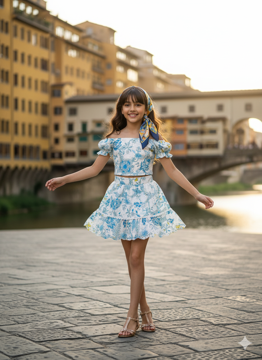 Girls Blue Self-Textured Cotton Skirt Set