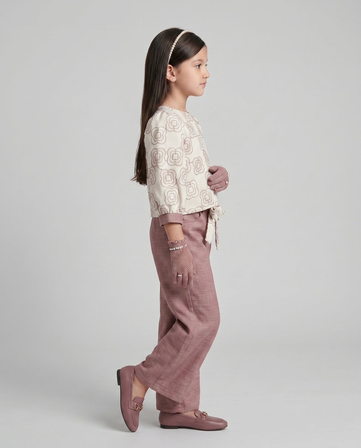 Girls Embroidered Nylon Viscose Co-ord Set in Onion Pink