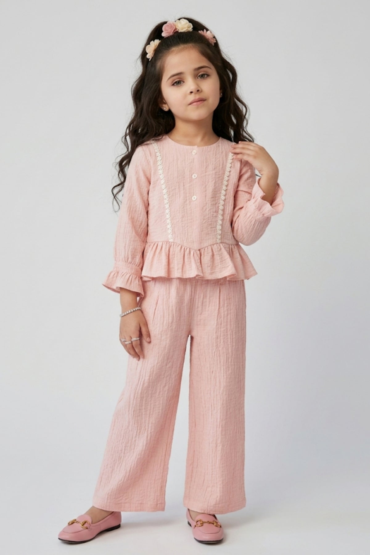 Girls Nylon Viscose Co-ord Set in Peach