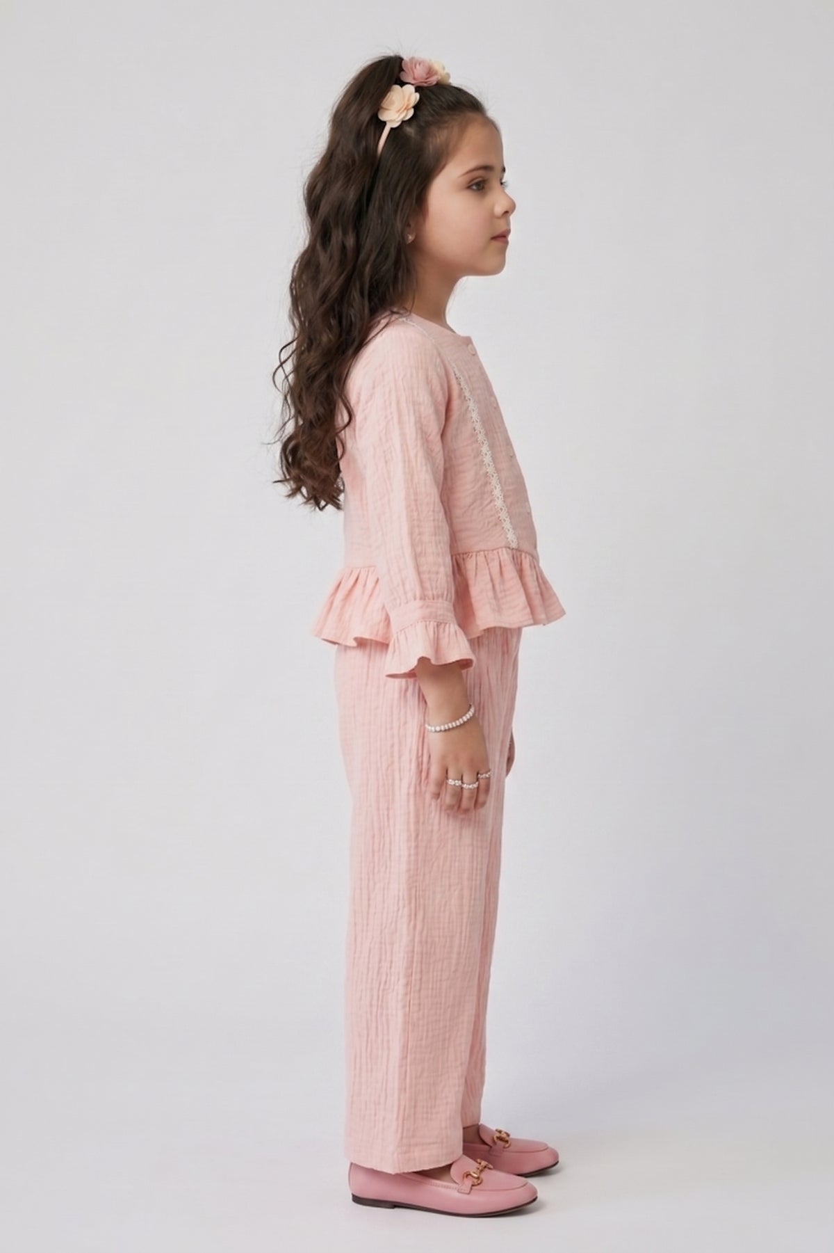 Girls Nylon Viscose Co-ord Set in Peach