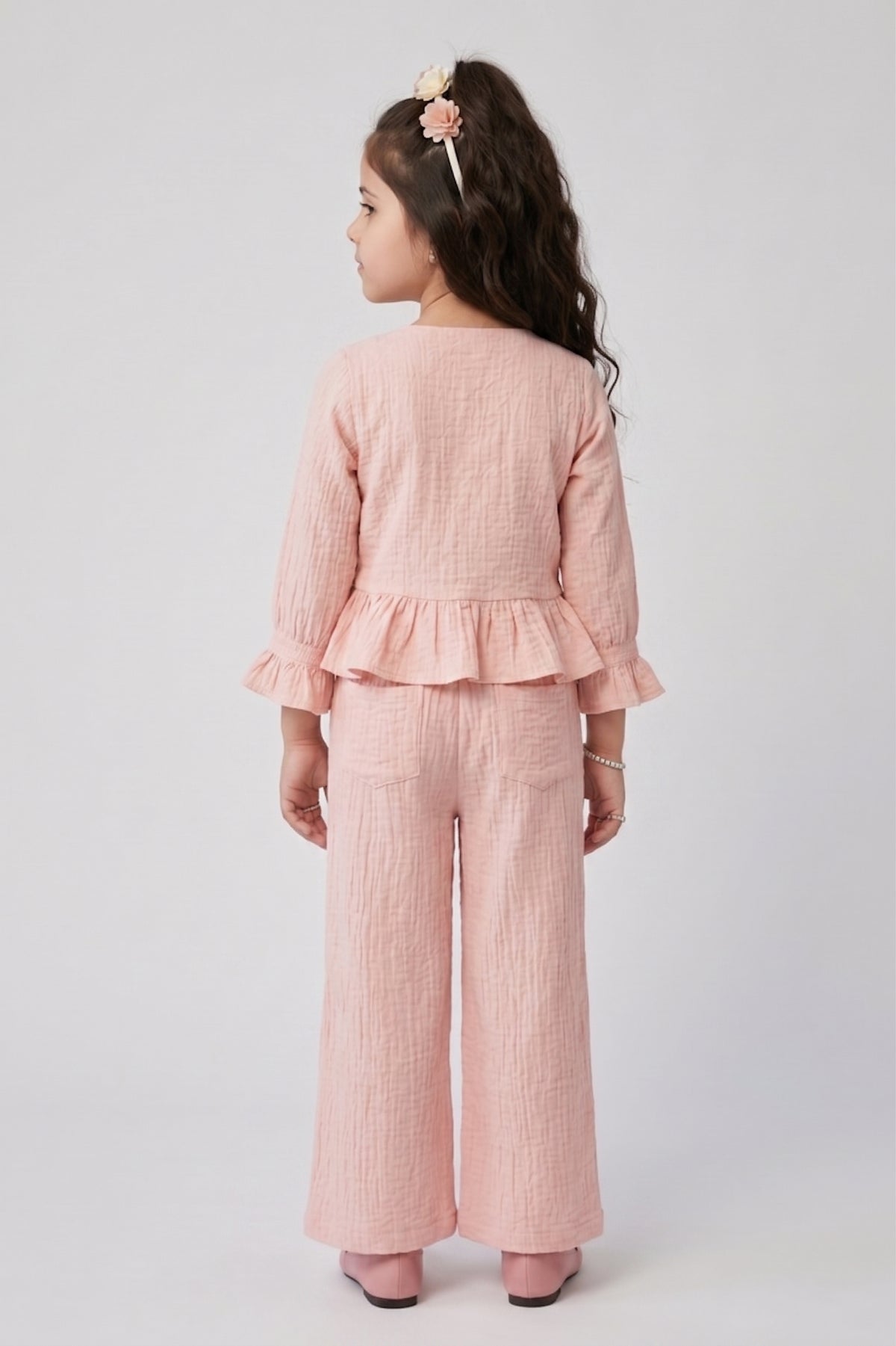 Girls Nylon Viscose Co-ord Set in Peach