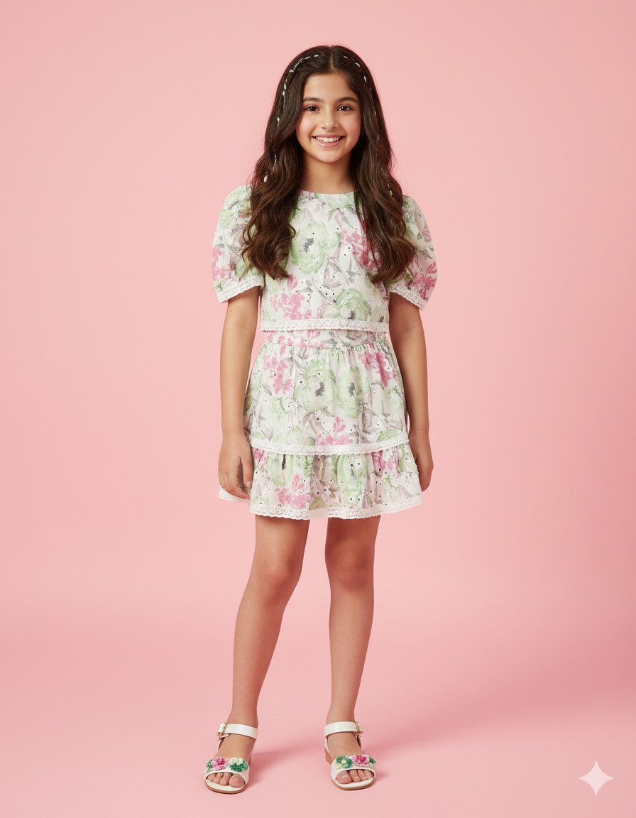 Girls White Floral Printed Skirt Set with Lace Detailing