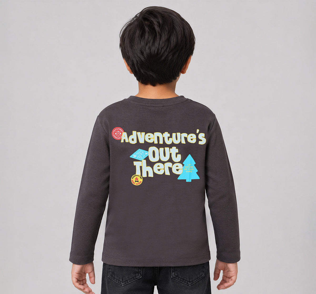 Boys Brown Waffle Textured Applique Regular Fit T-Shirt
