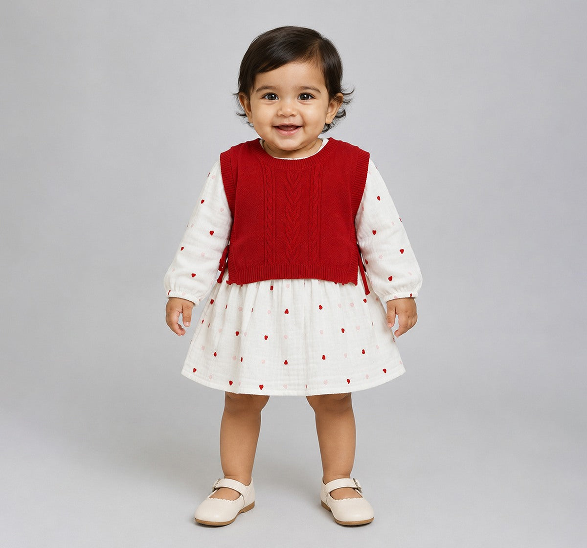 2 Piece- Flatknit Vest with Emb. Dress Red