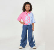 Color Block Waist Length T Shirt Pink/Blue