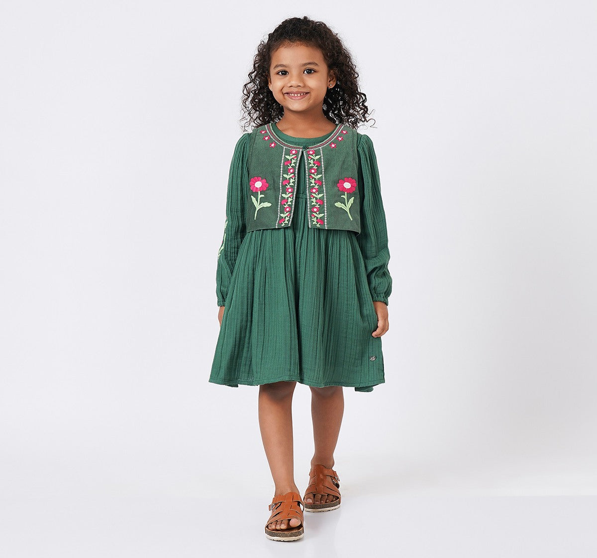 Embroidered Dress with Sleeveless Jacket Green