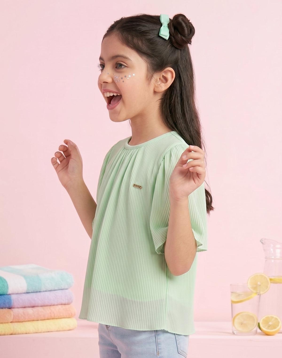 Girls Mint Green Pleated Top with Flared Sleeves