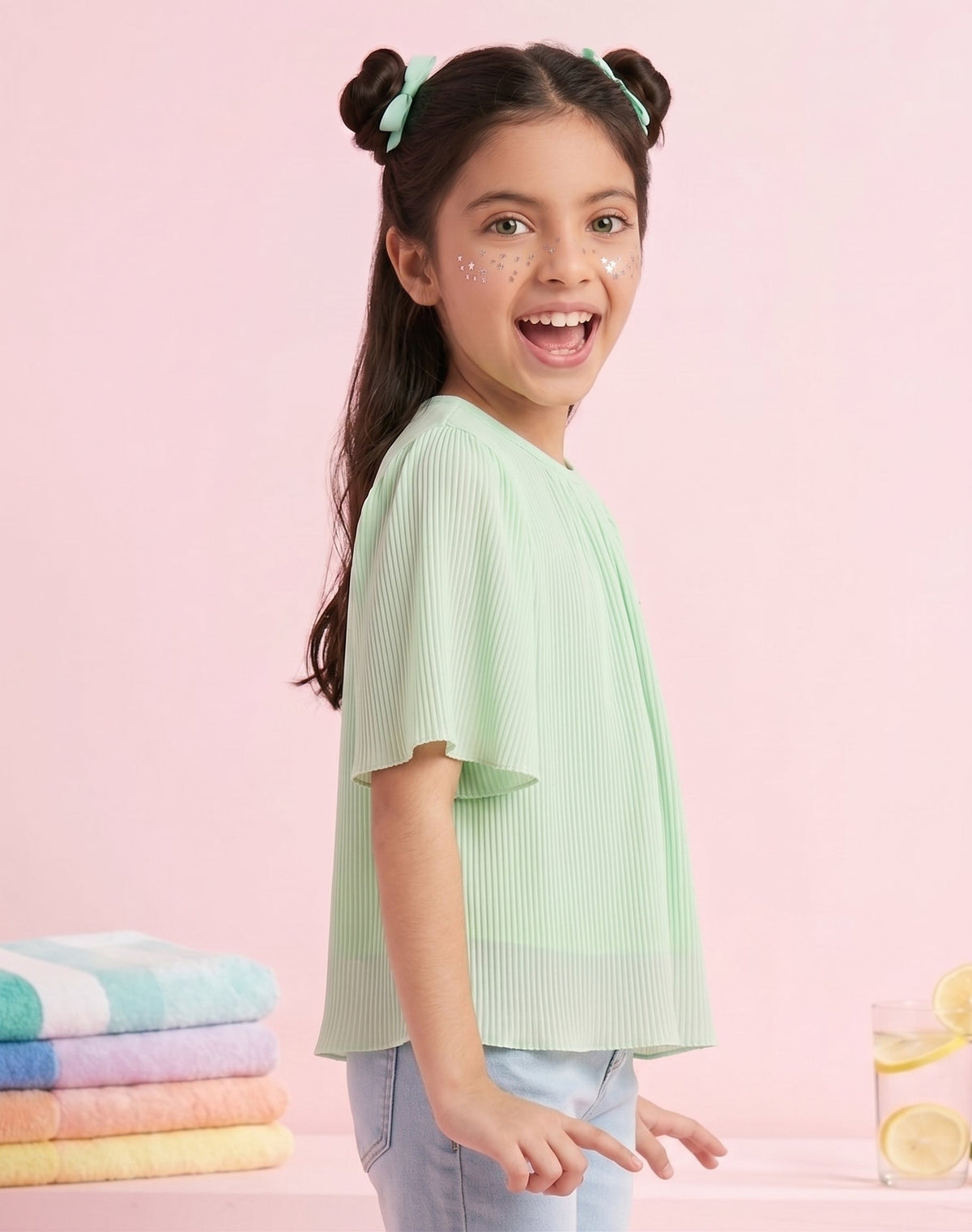 Girls Mint Green Pleated Top with Flared Sleeves