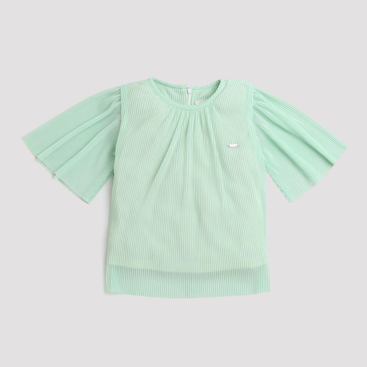 Girls Mint Green Pleated Top with Flared Sleeves