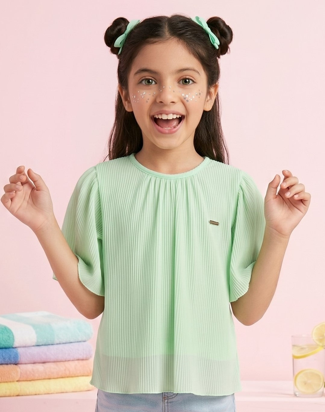 Girls Mint Green Pleated Top with Flared Sleeves