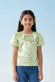 Girls Green Floral Ruffle Neck Top