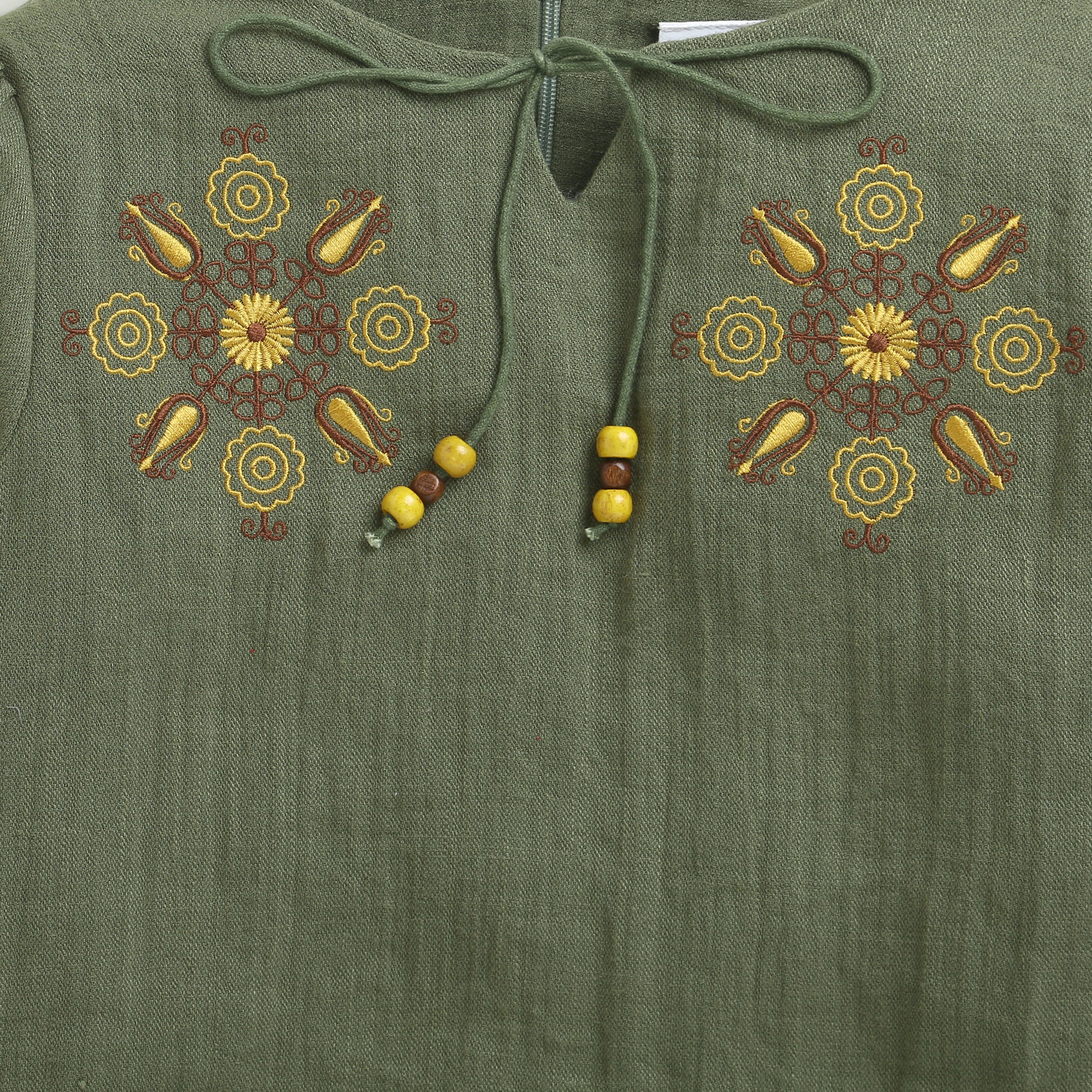 Girls Bottle Green Embroidered Full-Sleeve Cotton Top