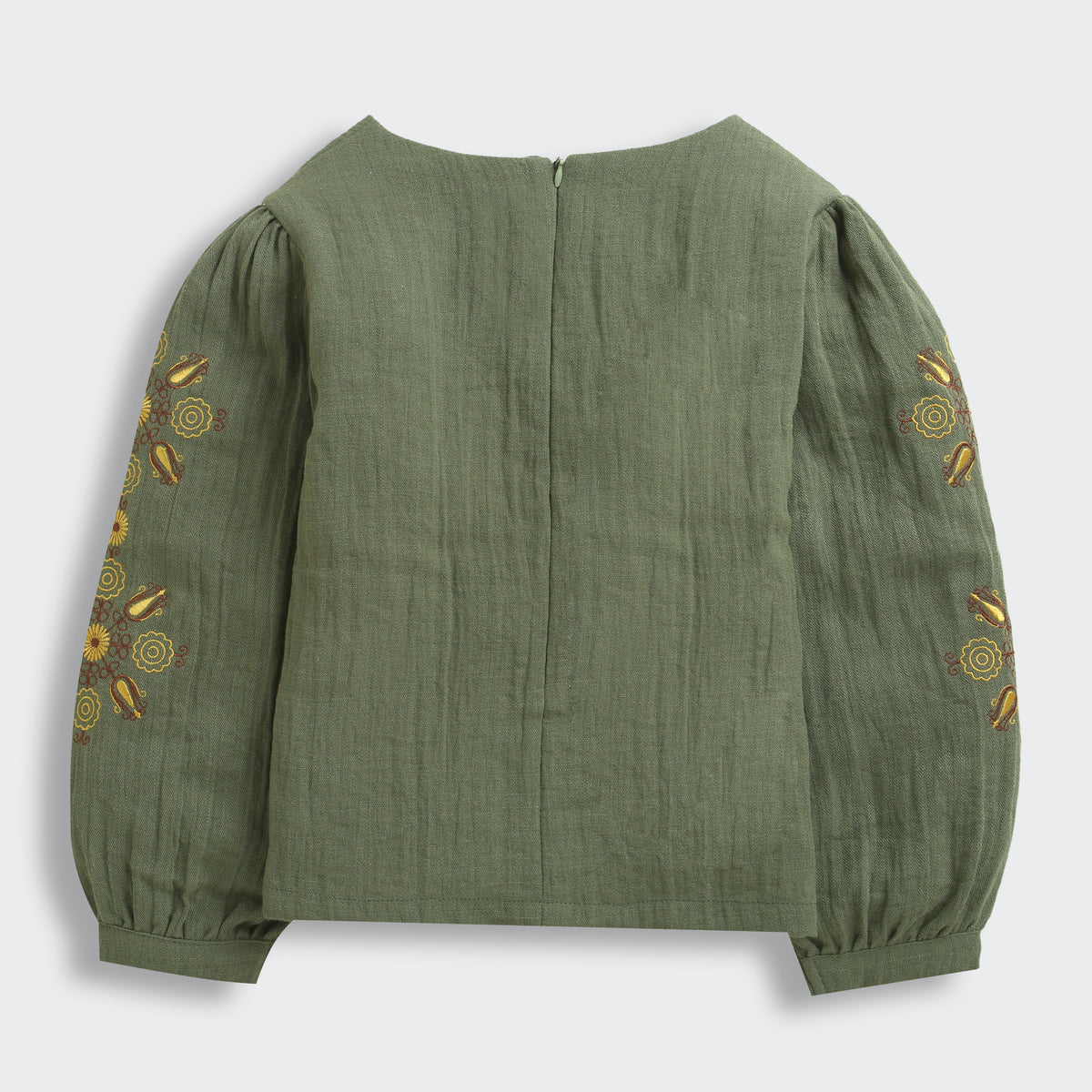 Girls Bottle Green Embroidered Full-Sleeve Cotton Top