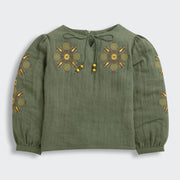 Girls Bottle Green Embroidered Full-Sleeve Cotton Top