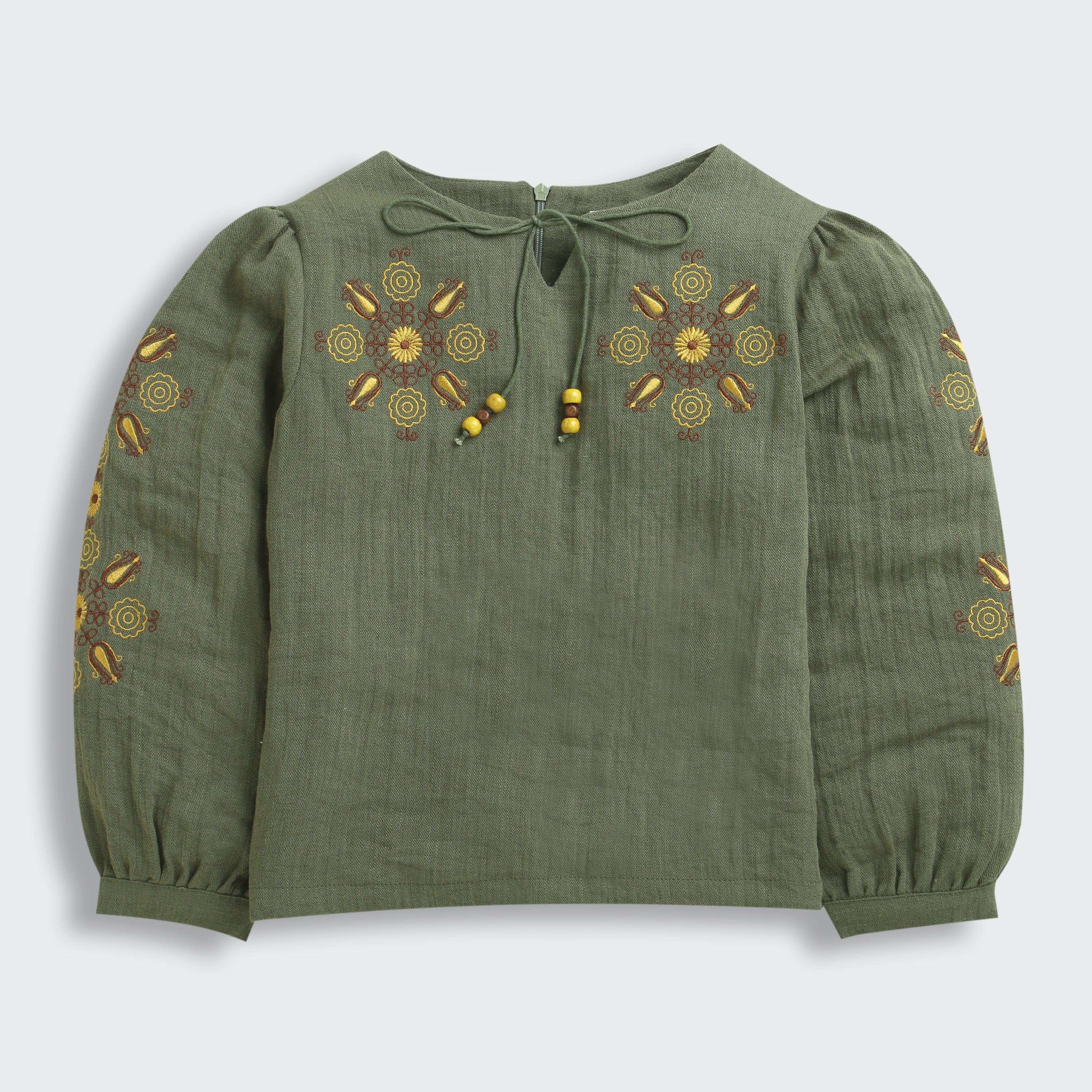 Girls Bottle Green Embroidered Full-Sleeve Cotton Top