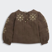 Girls Brown Embroidered Full-Sleeve Cotton Top
