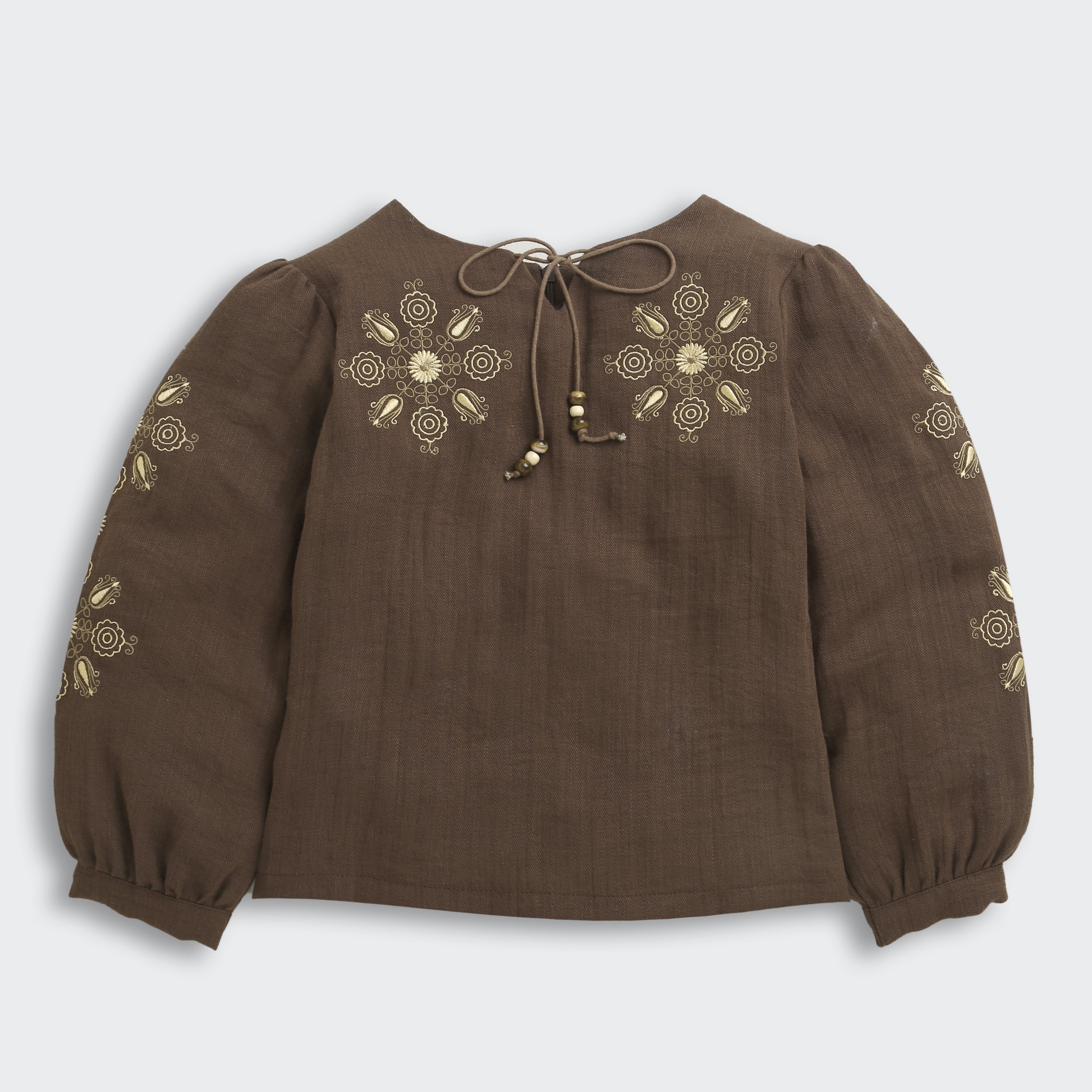 Girls Brown Embroidered Full-Sleeve Cotton Top