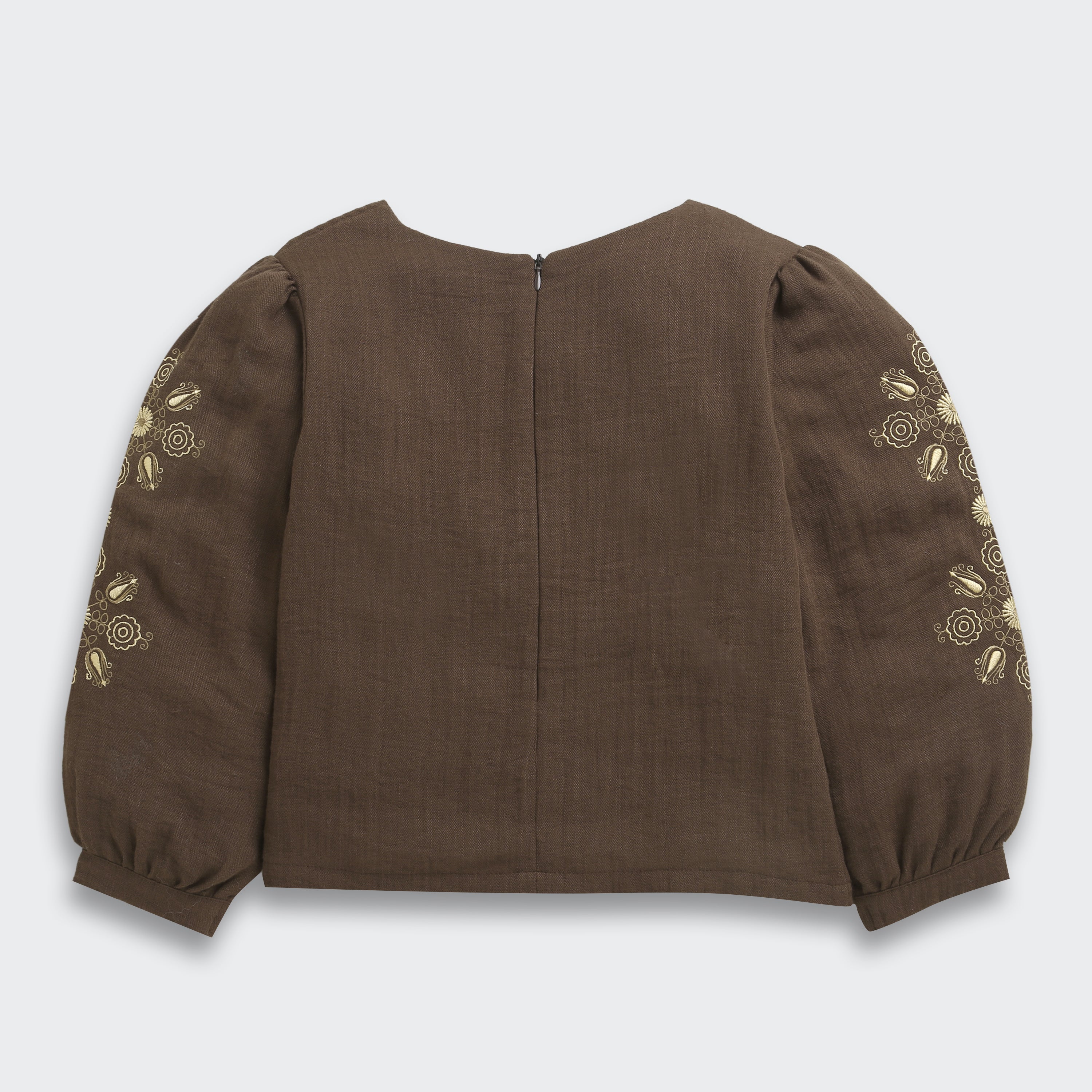 Girls Brown Embroidered Full-Sleeve Cotton Top