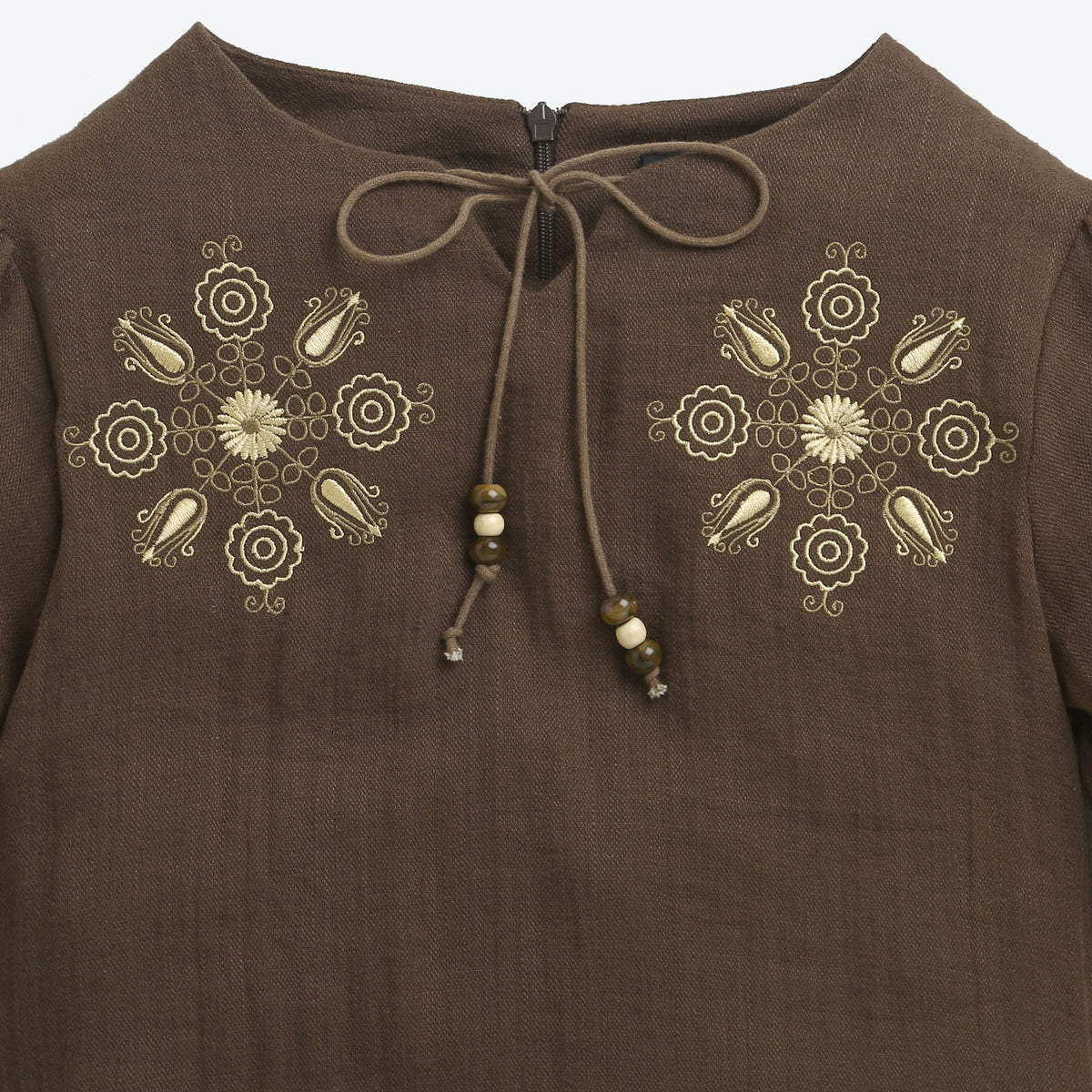 Girls Brown Embroidered Full-Sleeve Cotton Top