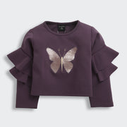 Girls Purple Embroidered Regular-Fit Medium-Sleeve Crop Top