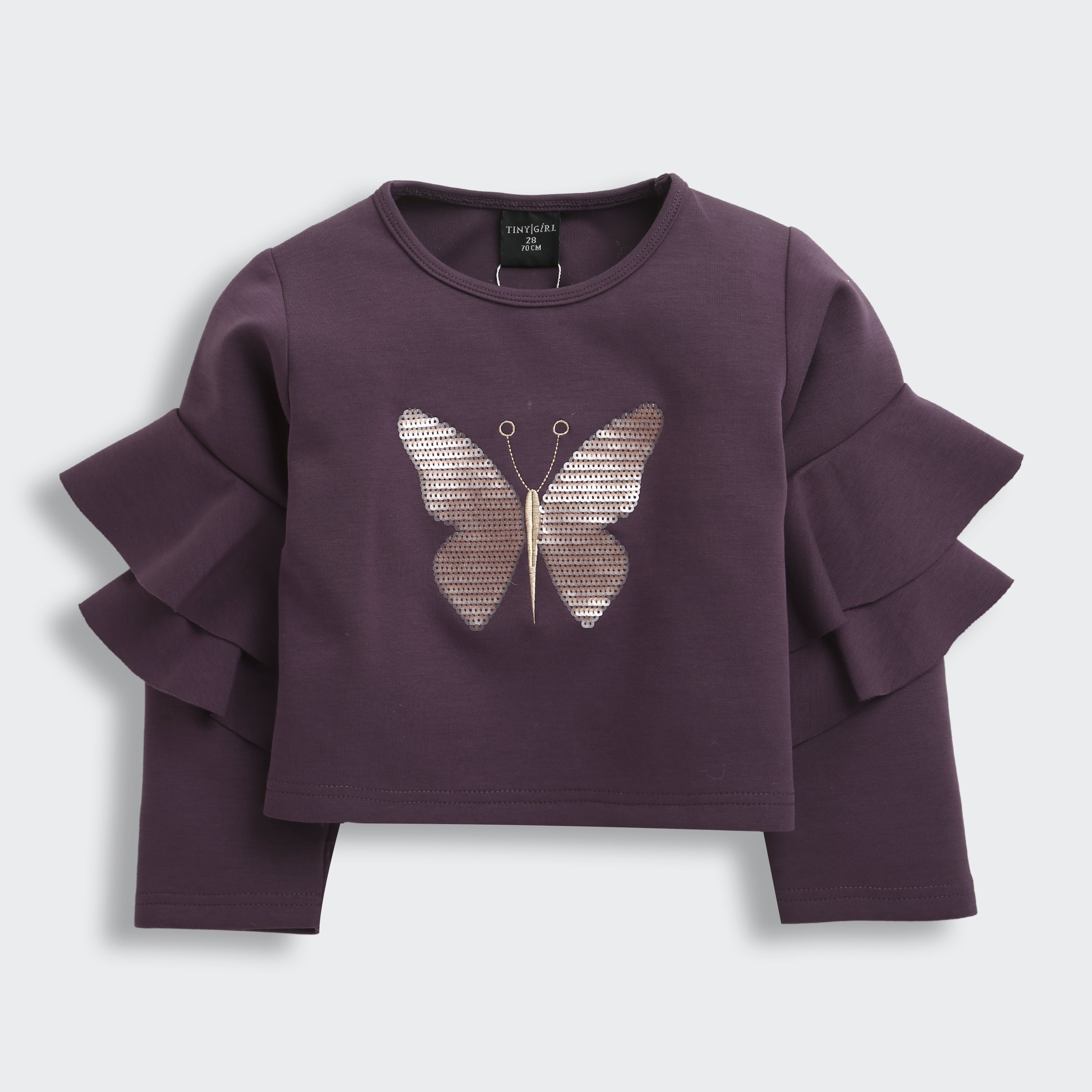 Girls Purple Embroidered Regular-Fit Medium-Sleeve Crop Top