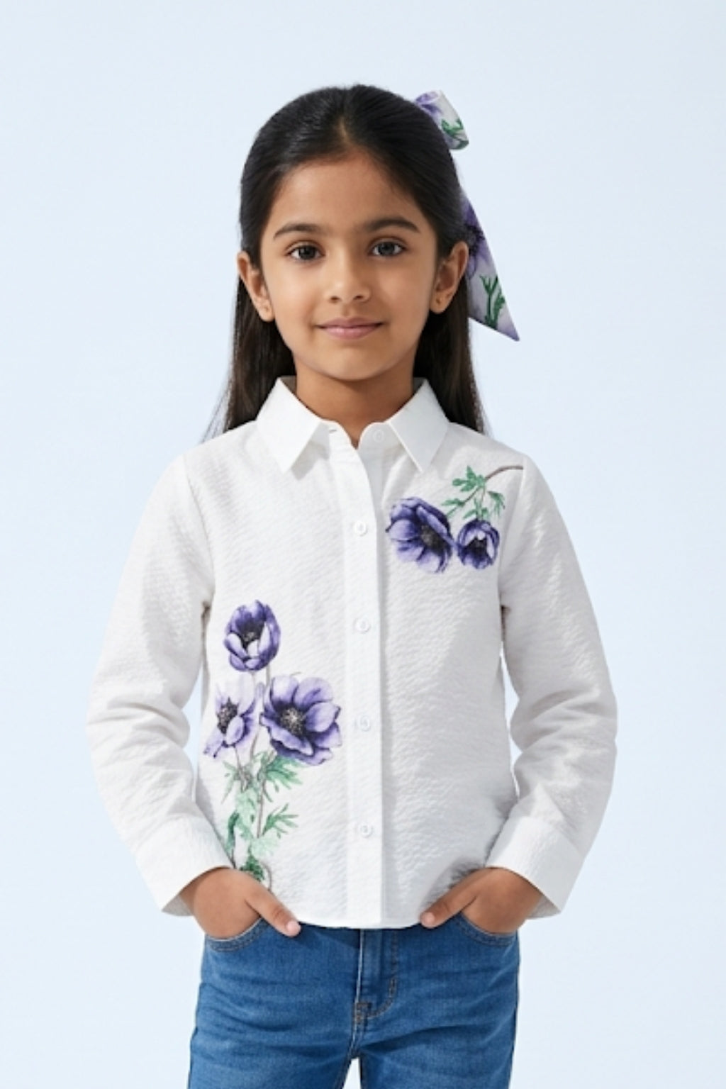 Girls Off White Floral Printed Top With Collar Neck