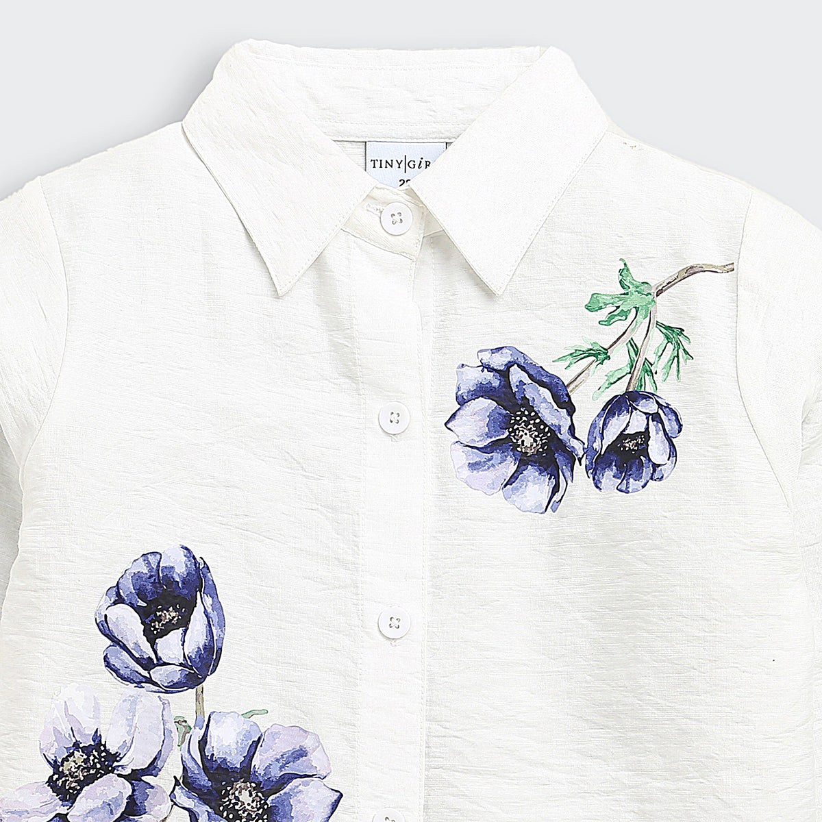 Girls Off White Floral Printed Top With Collar Neck