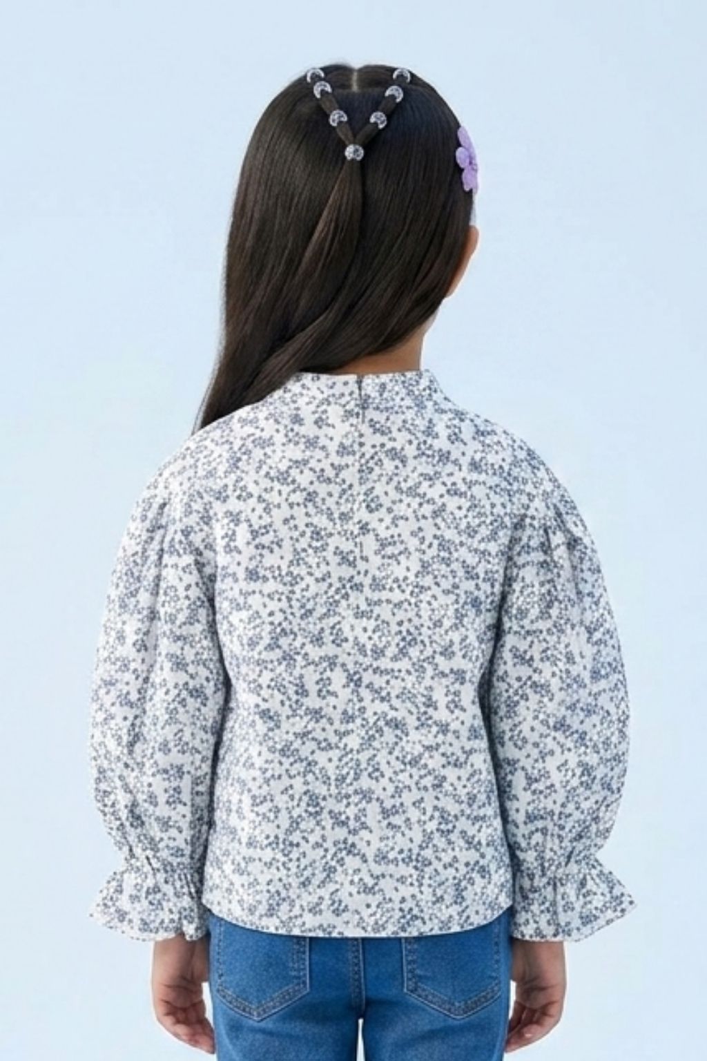 Girls Blue Floral Printed Ruffle Sleeve Top