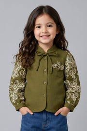 Girls Olive Green Embroidered Top