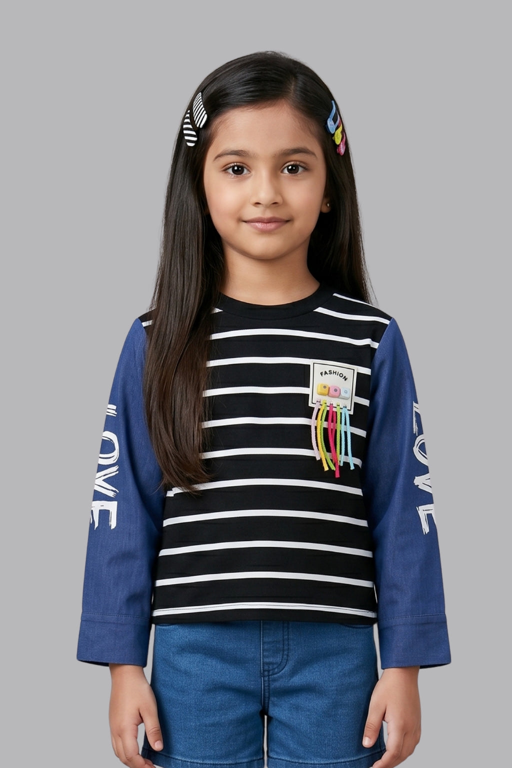 Black Striped Top for Girls with Printed Sleeves