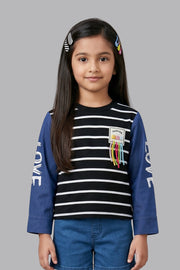 Black Striped Top for Girls with Printed Sleeves