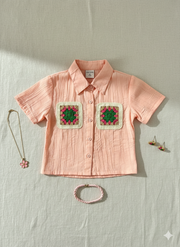 Girls Peach Self-Textured Casual Crop Shirt