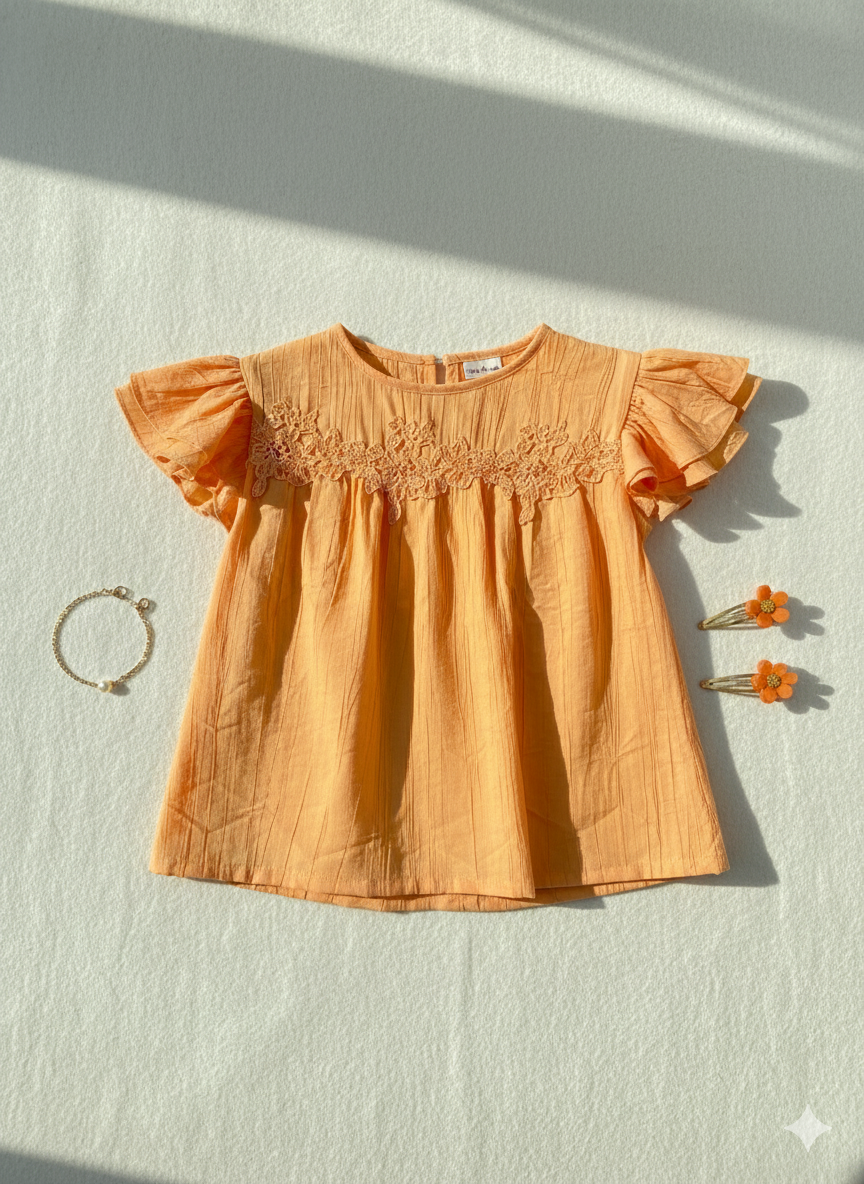 Girls Orange Self-Textured Fancy Casual Top