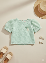 Girls Sea Green Embroidered Party Wear Top