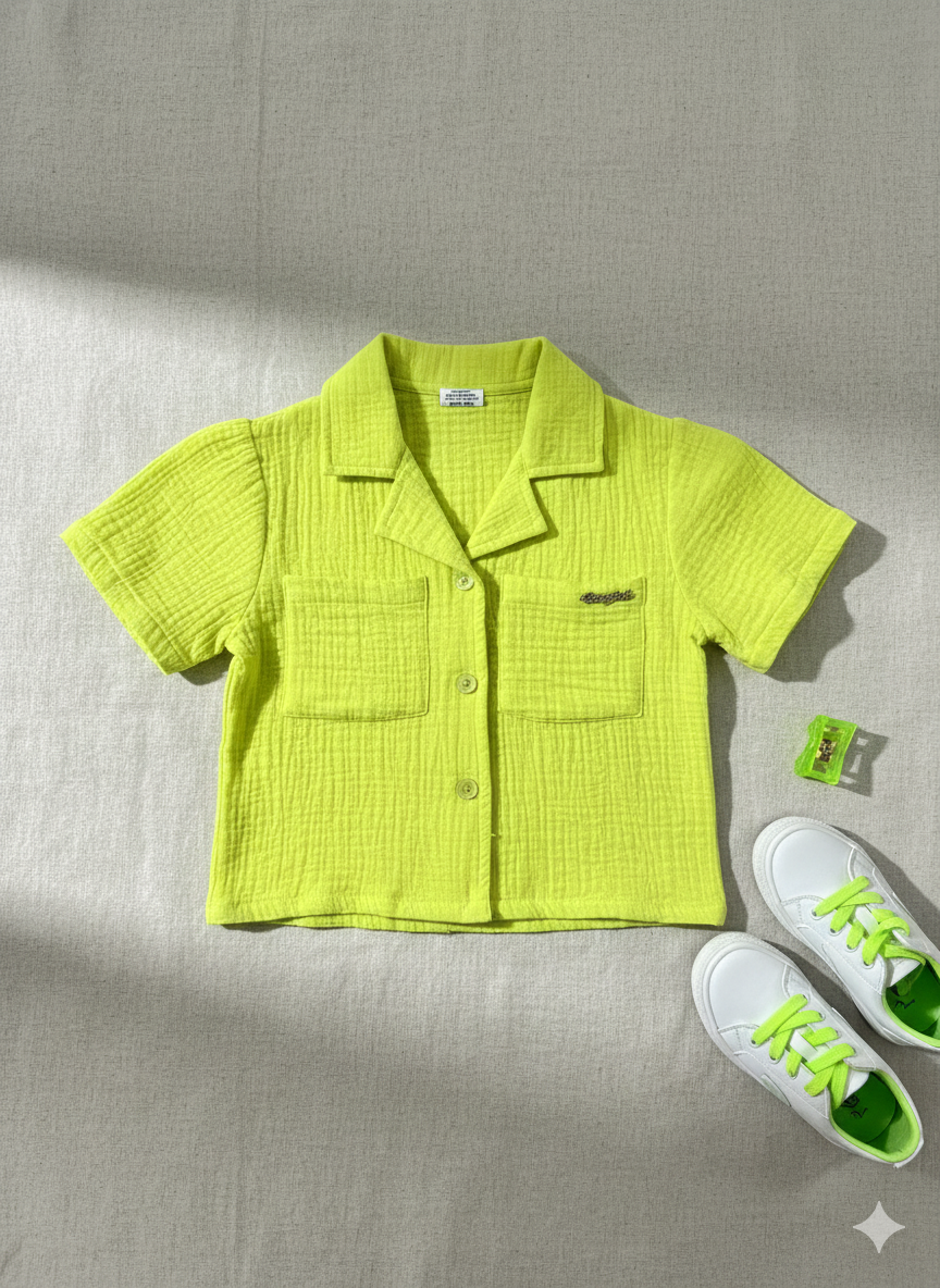 Girls Neon Green Casual Crop Shirt