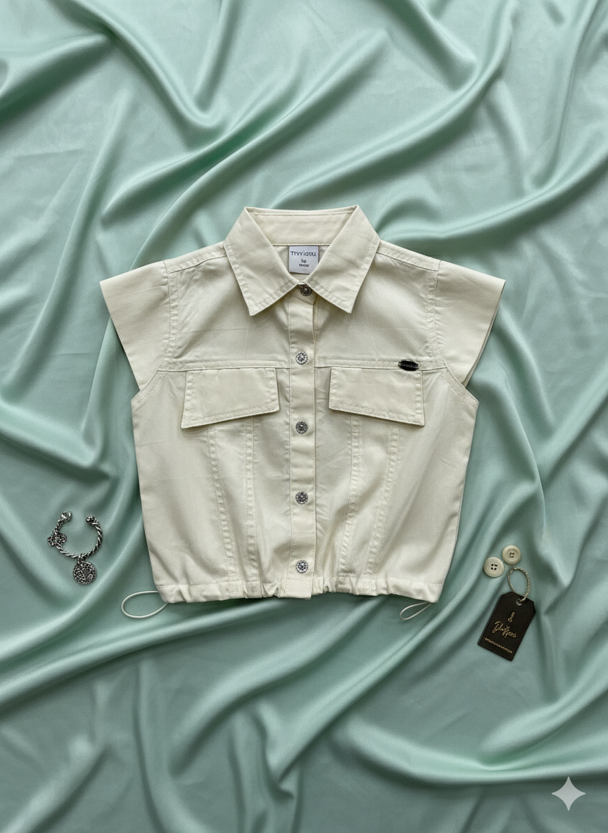 Girls Cream Drawstring Detail Button-Down Shirt