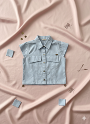 Girls Powder Blue Drawstring Detail Button-Down Shirt