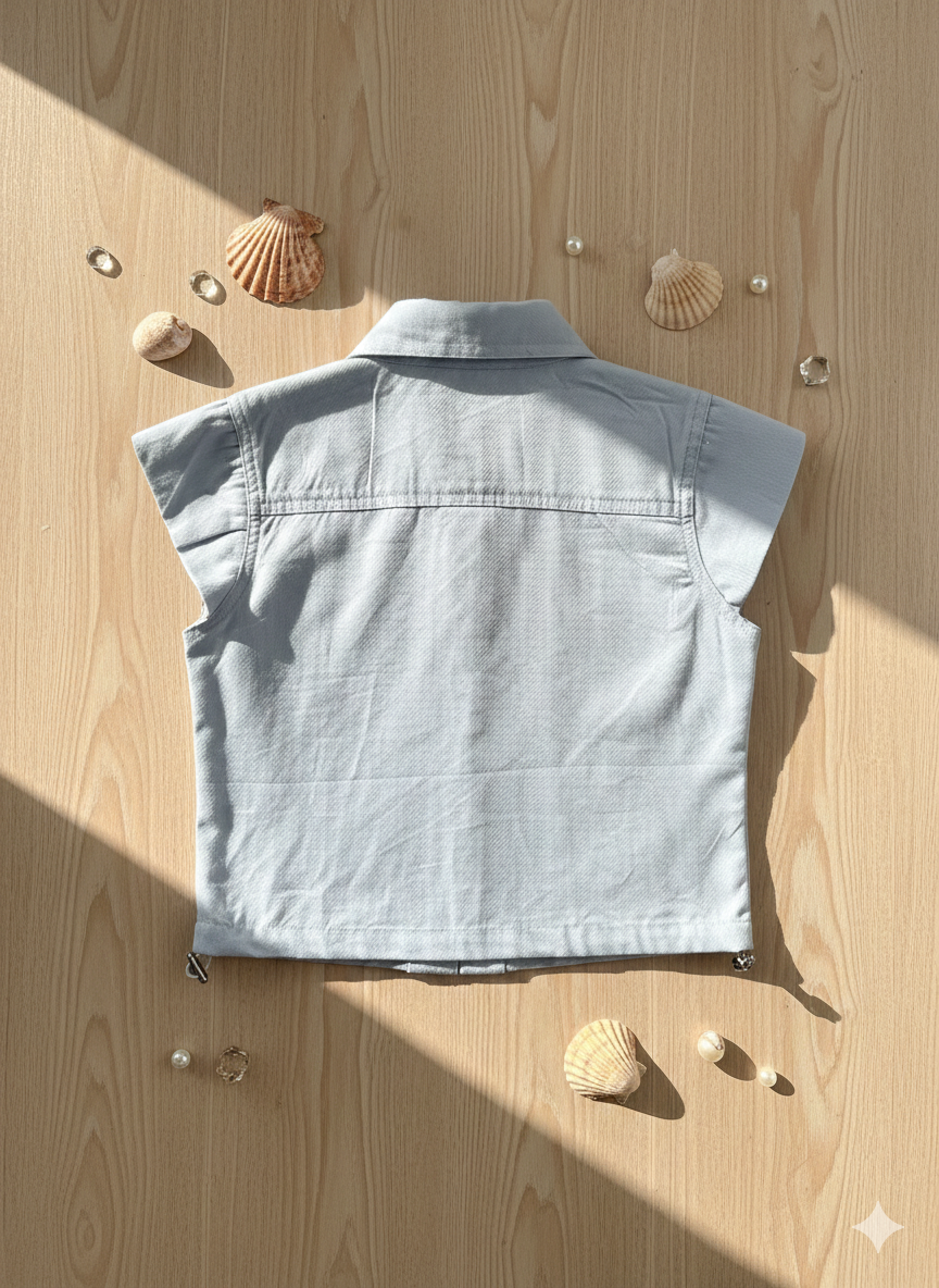 Girls Powder Blue Drawstring Detail Button-Down Shirt