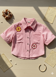 Girls Pink Crochet Patch Detail Button-Down Shirt