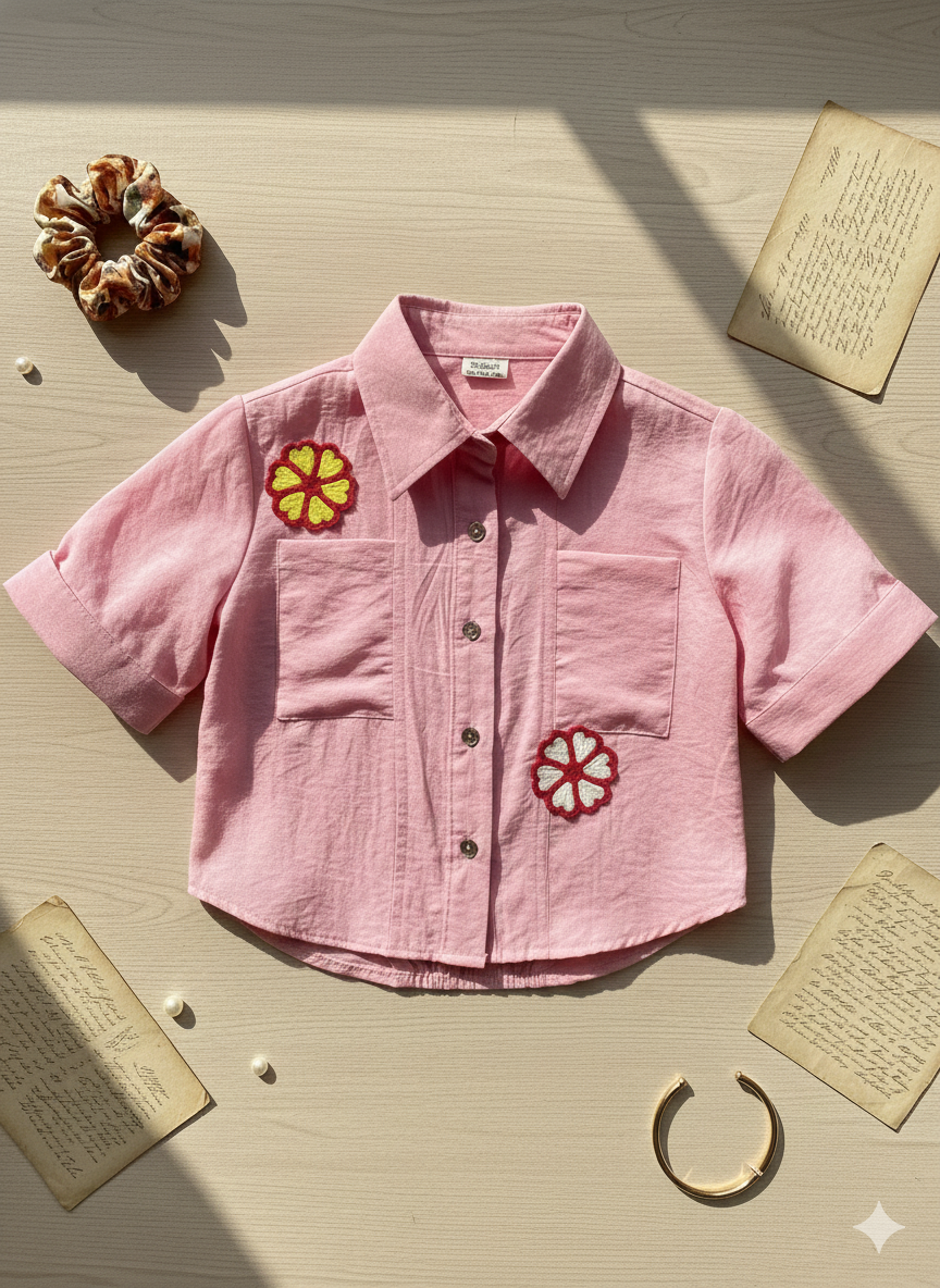 Girls Pink Crochet Patch Detail Button-Down Shirt