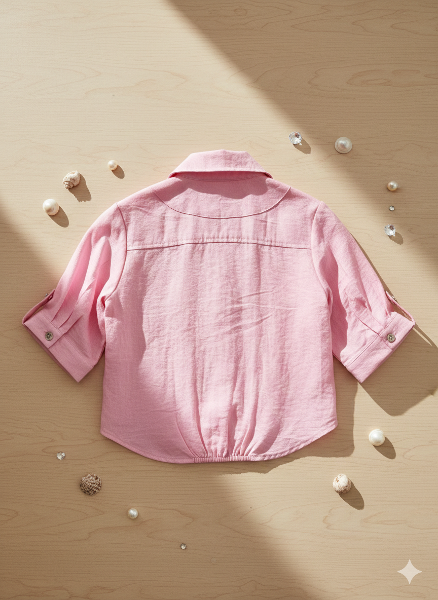 Girls Pink Crochet Patch Detail Button-Down Shirt