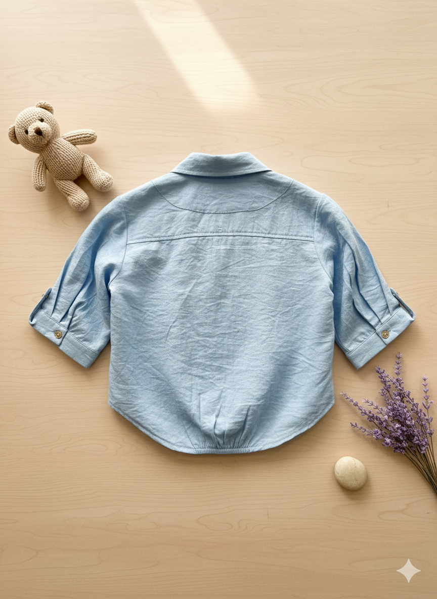 Girls Powder Blue Crochet Patch Detail Button-Down Shirt