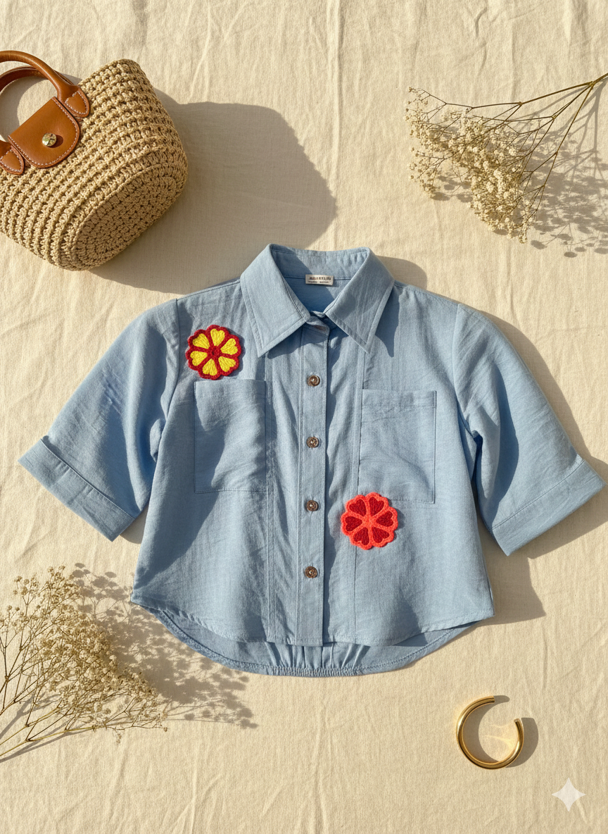 Girls Powder Blue Crochet Patch Detail Button-Down Shirt